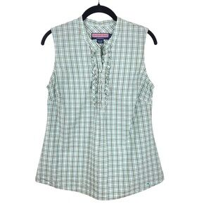 Vineyard Vines Plaid Sleeveless Blouse Teal Black Gold Ruffled Top Size 8
